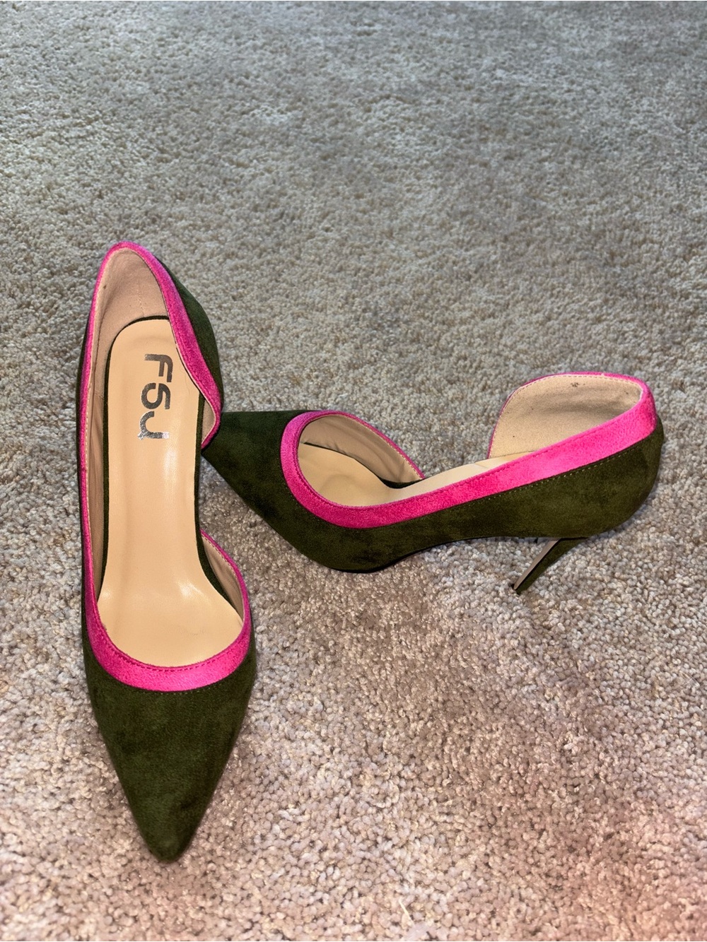FSJ Olive Green Hot Pink Suede D'Orsay Pointed Toe Stiletto Pumps Heels 8